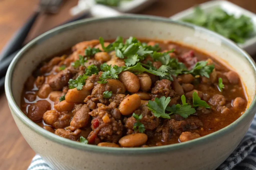 Bowl of baked beans with ground beef