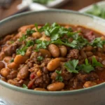 Bowl of baked beans with ground beef