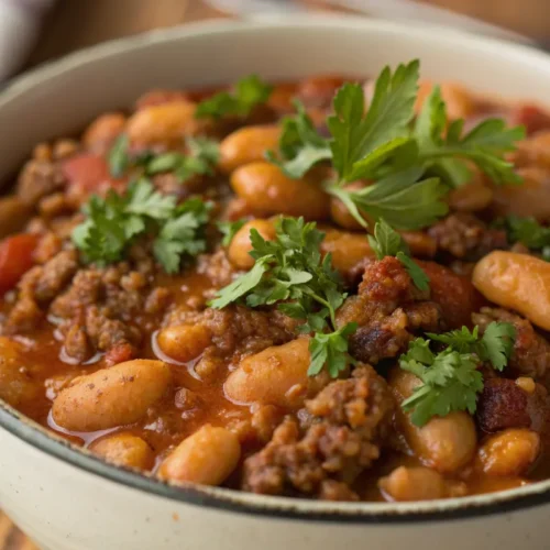 Bowl of savory baked beans combined with ground beef