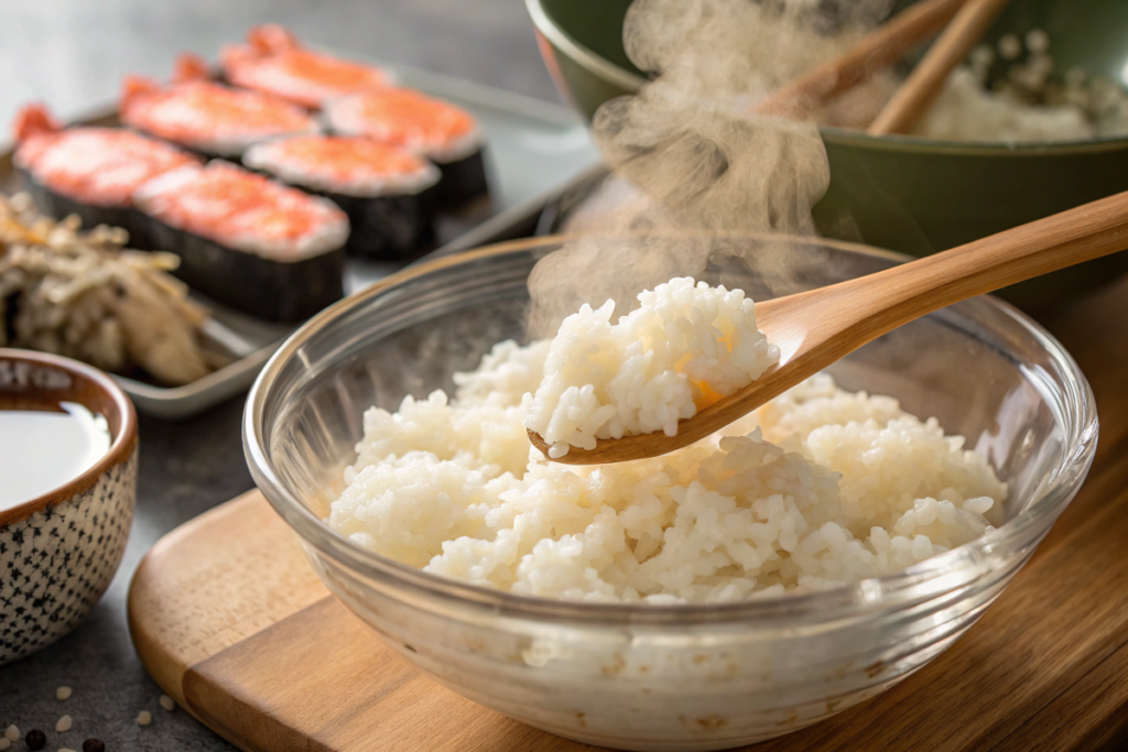 Preparing sushi rice for the sushi bake recipe