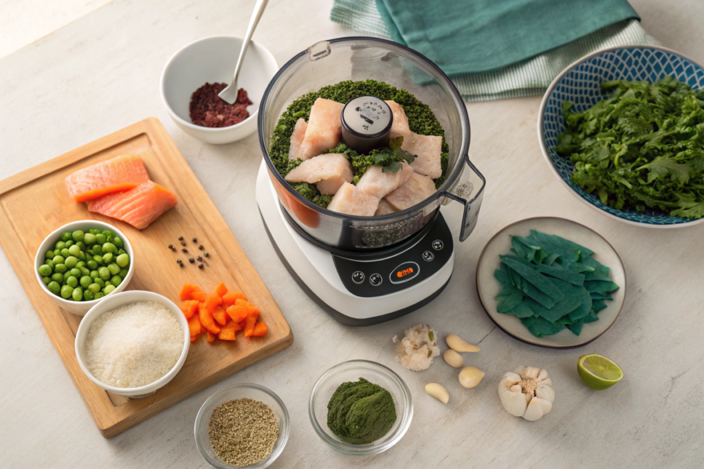 Ingredients for making homemade fish food in a blender