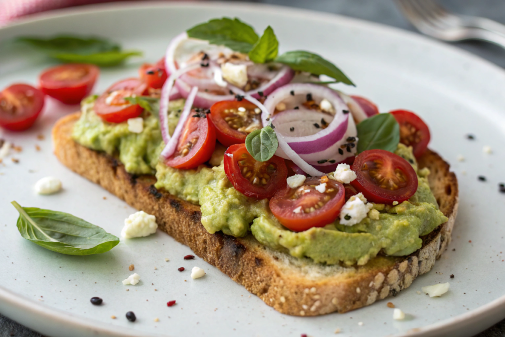 Avocado toast topped with goat cheese, cherry tomatoes, and Everything But The Bagel seasoning