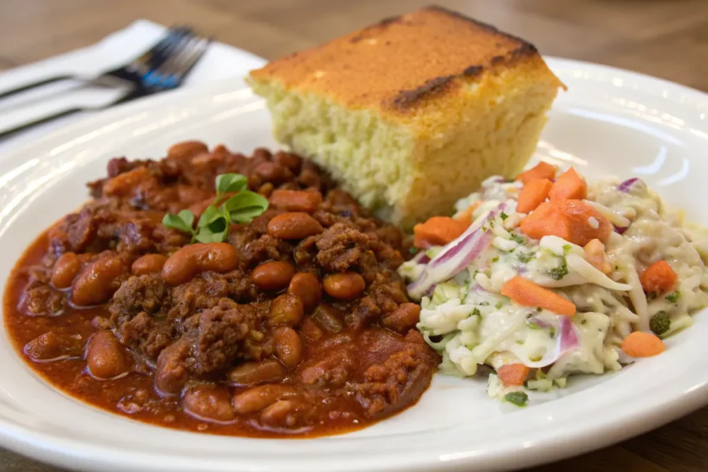 Baked beans with ground beef served with cornbread