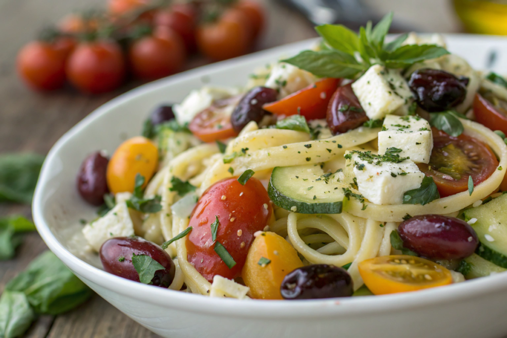 Greek-inspired pasta salad with feta cheese, olives, cucumbers, and cherry tomatoes