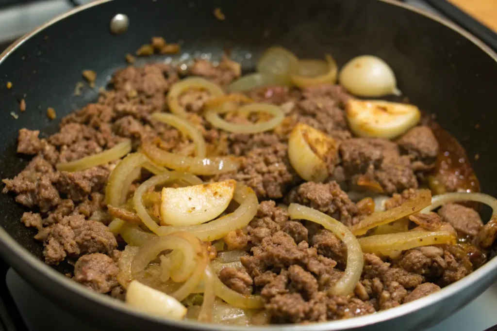 Ground beef and onions for baked beans