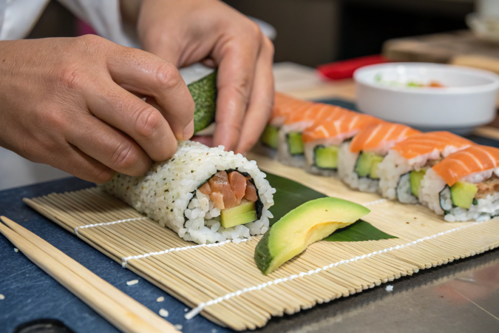 rollling Layering the sushi bake with rice, crab, and toppings