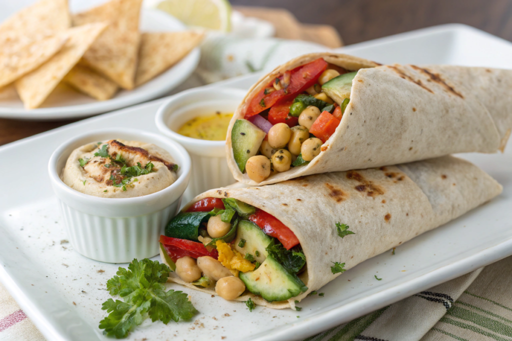 Mediterranean hummus wrap filled with cucumbers, olives, feta cheese, and hummus