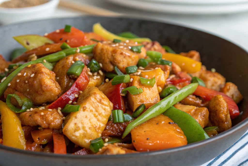 Orange chicken stir-fry with bell peppers, snap peas, and rice noodles