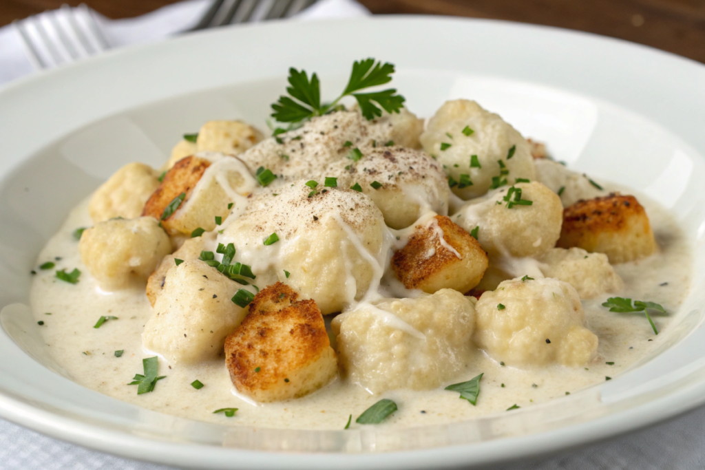 Cauliflower gnocchi tossed in creamy Alfredo sauce topped with Parmesan