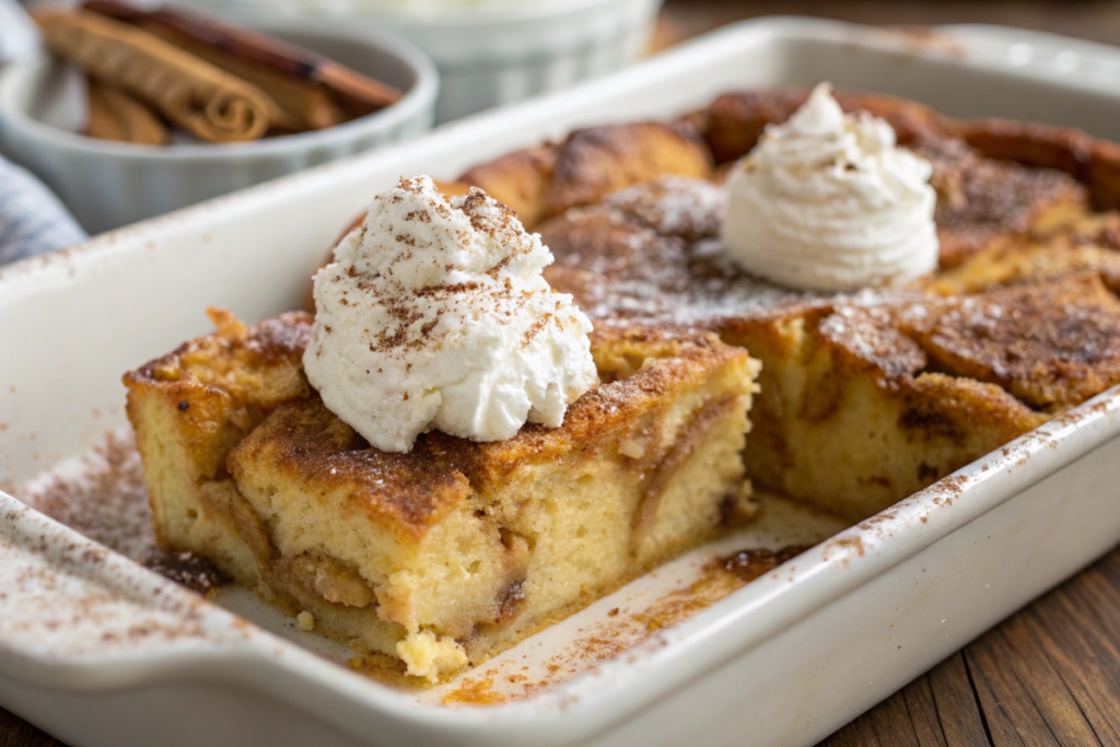 French toast bake made with Trader Joe’s brioche bread and topped with syrup